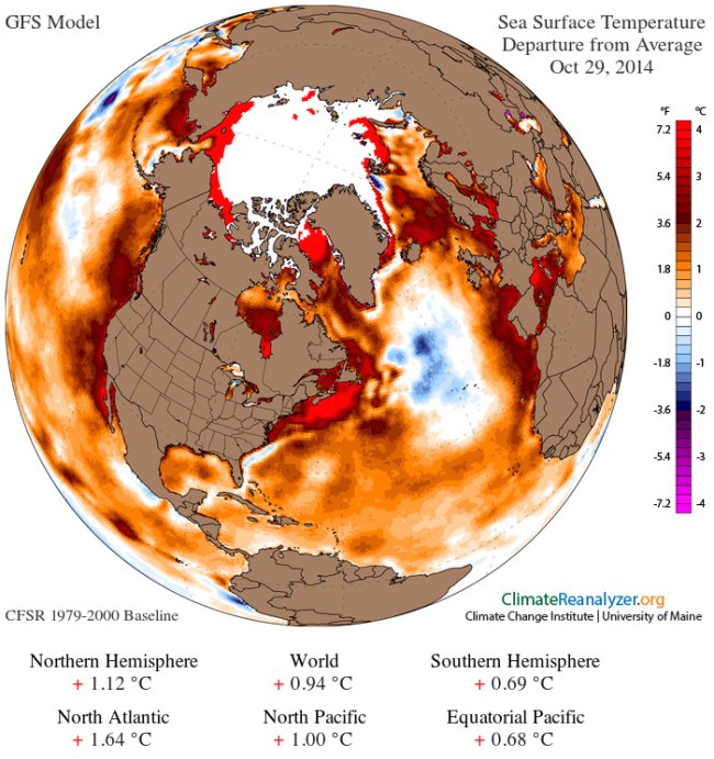 Sea surface temp anomaly 29 Octoebr 2014