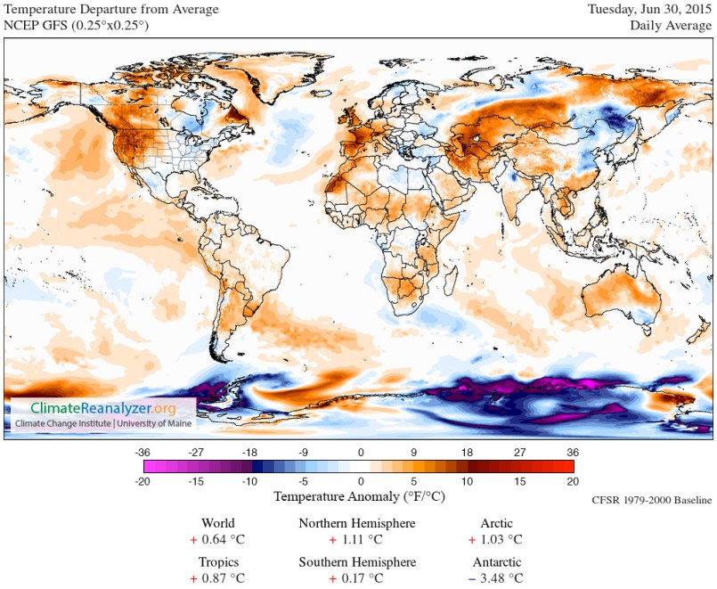 Temperature Anomaly Map June 30 2015